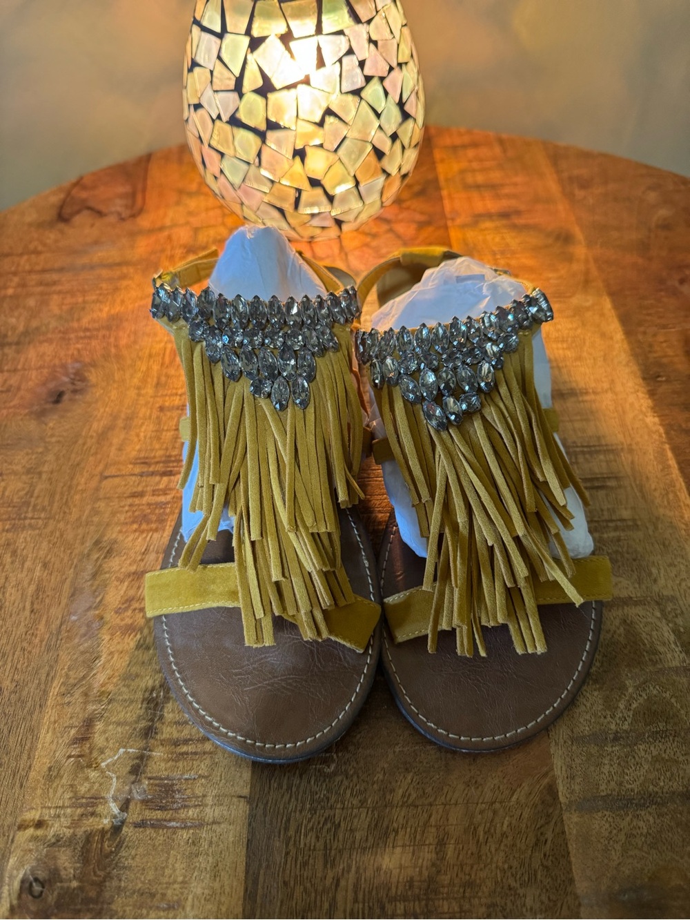 rebels Mustard Yellow Fringe Sandals with Rhinestone Accent